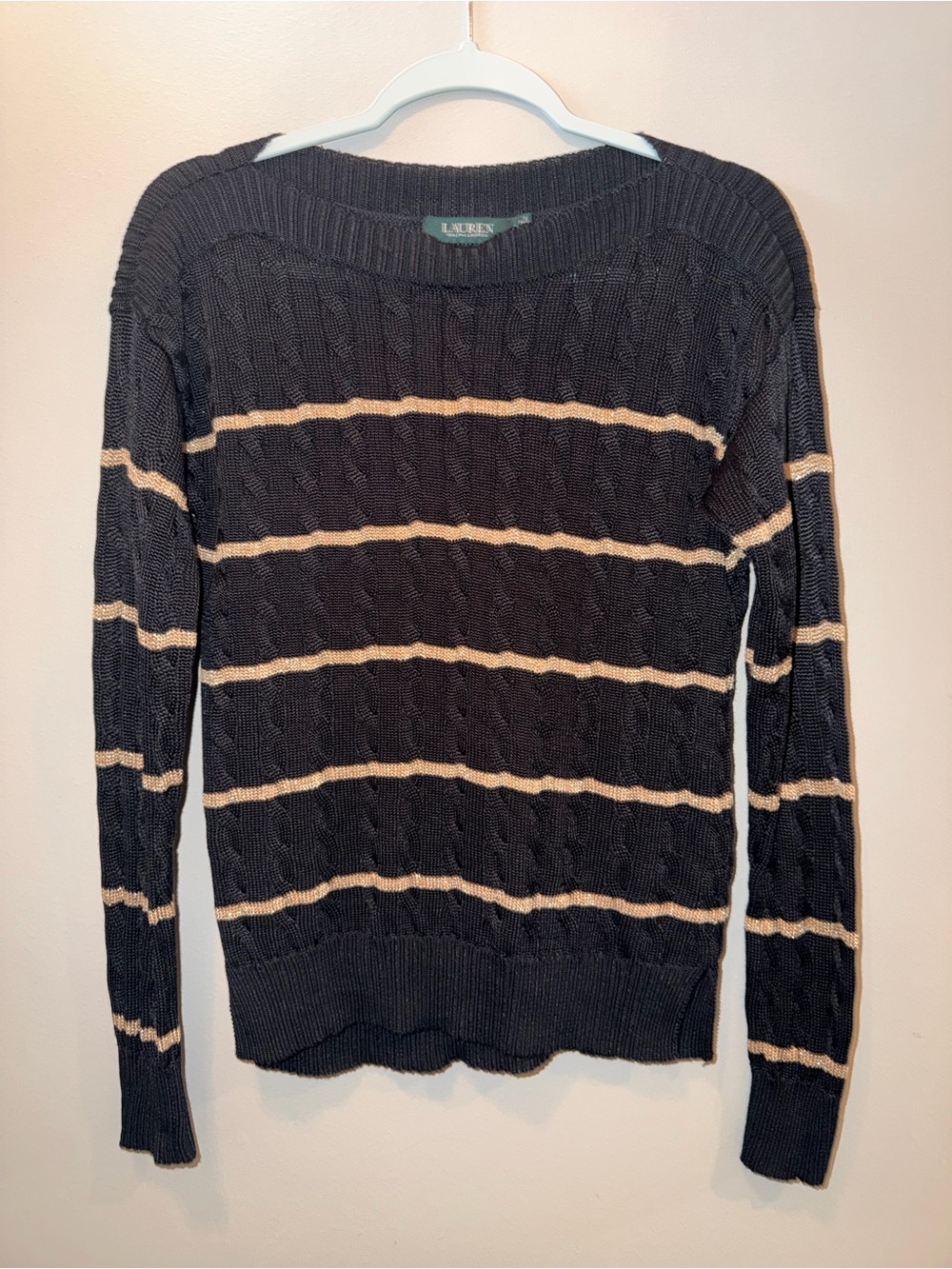 Ralph Lauren Black Cable-Knit Sweater with Cream Stripes size Medium preppy luxe